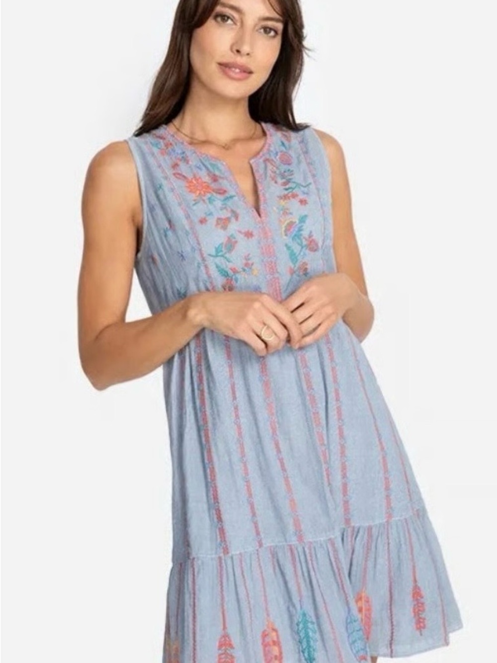 Johnny Was Bereginia Workshop Boho Blue Sleeveless Embroidered Tank Mini Dress